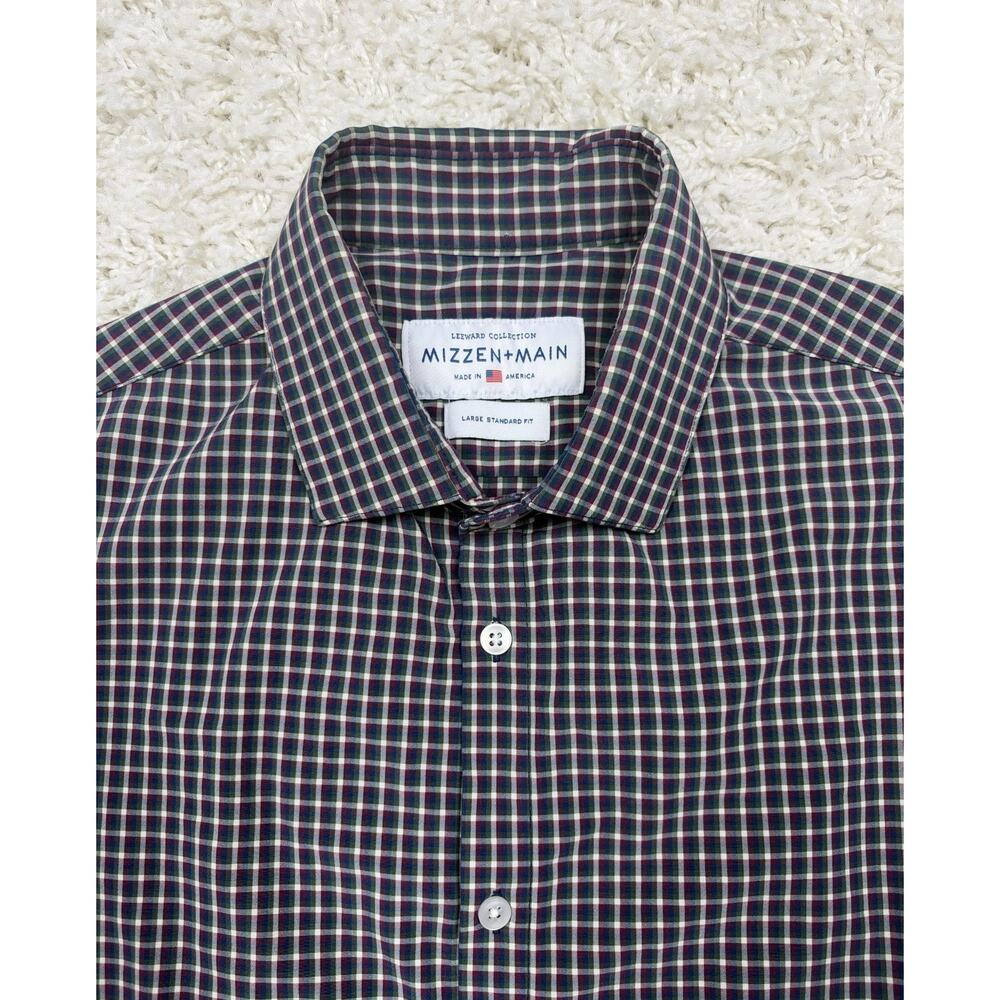 Mizzen+Main Leeward Dress Shirt Mens Large Standard Fit Navy Plaid Check Stretch - Picture 3 of 11